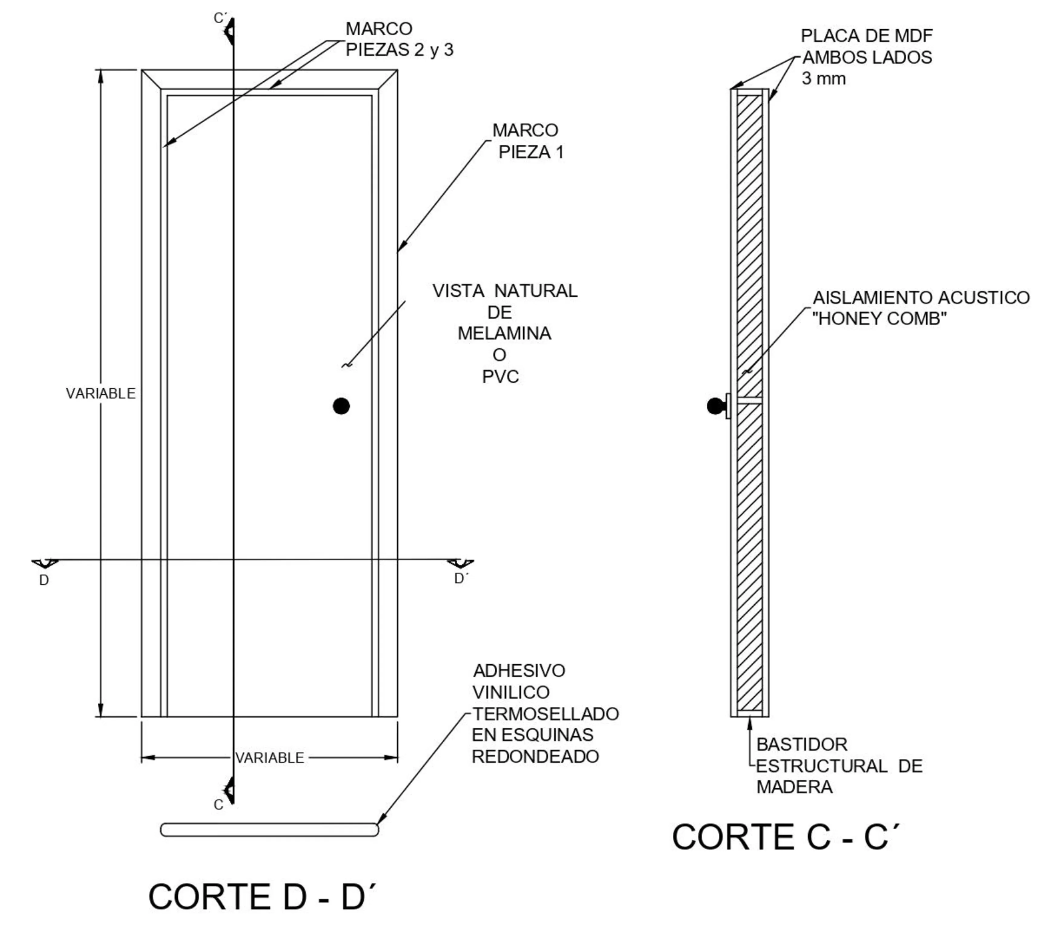 Ficha técnica de la puerta Natura con cortes C-C´ y D-D´, imagen 1